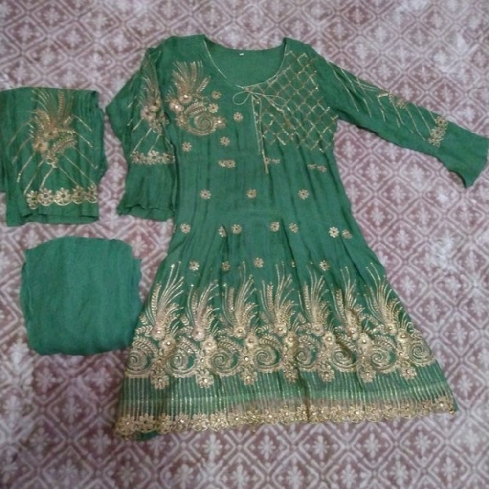 Women  Green and Gold Embroidered Salwar Kameez  Set Used In Great Condition